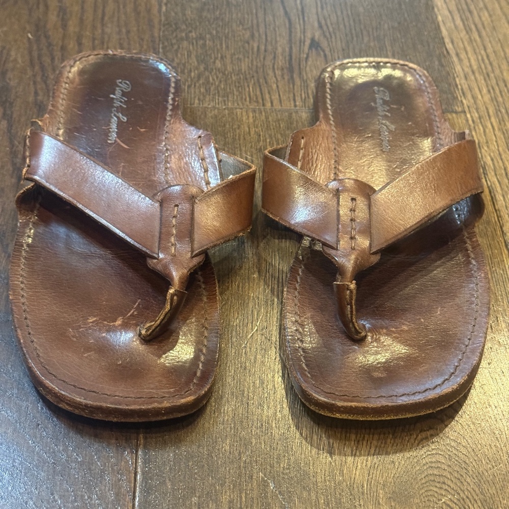 AUTHENTIC MEN'S RALPH LAUREN Men's Brown Leather Flip Flops, SIZE 8